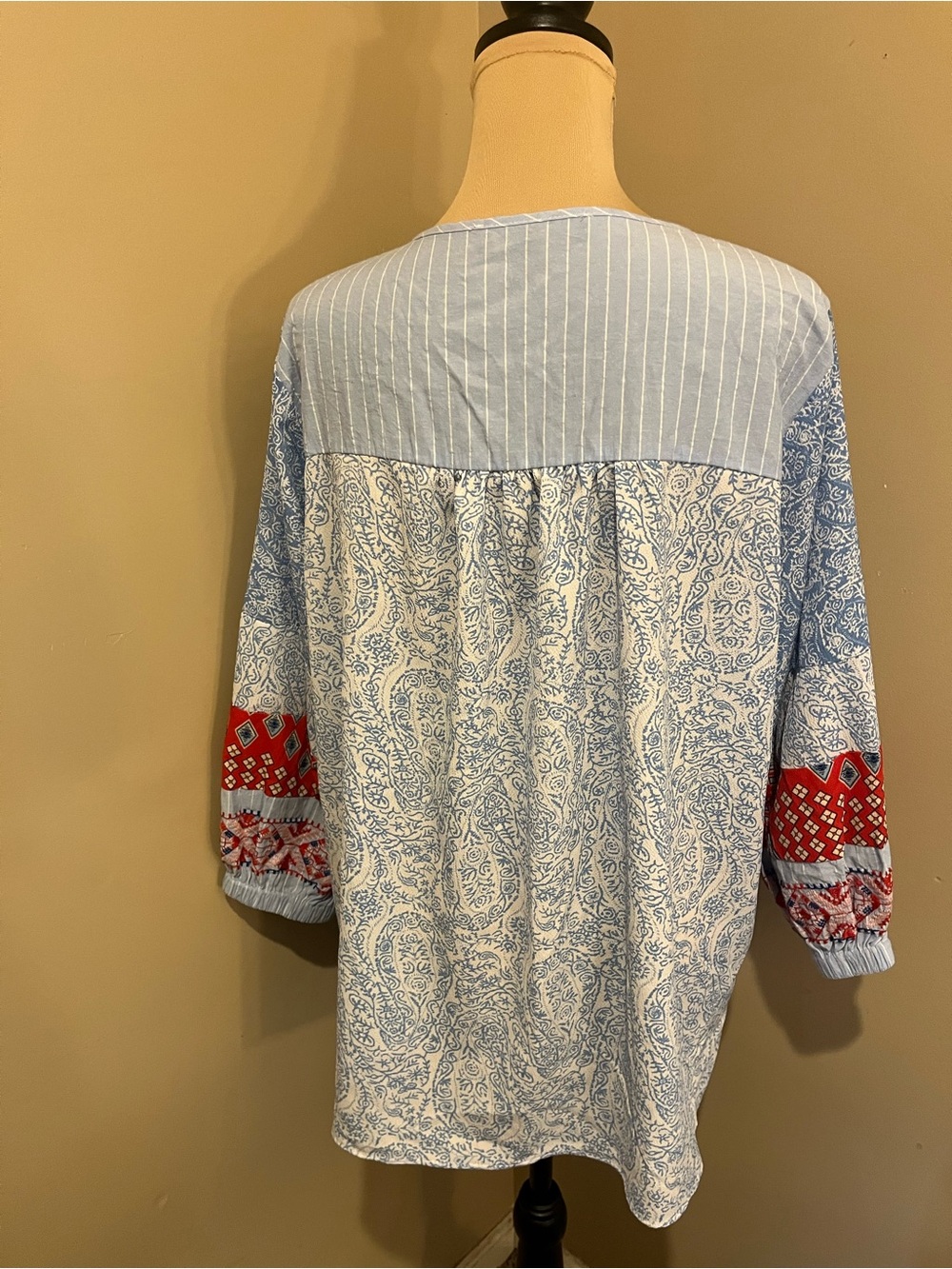 Light Blue Embroidered V-Neck Boho Tunic with Red Floral Detail - Picture 2 of 7